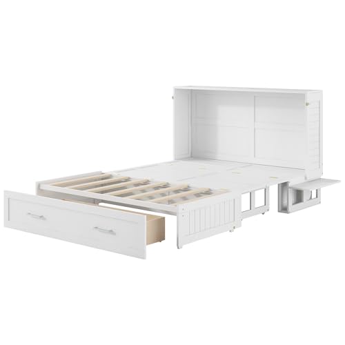 Queen Size Farmhouse Murphy Bed Cabinet with Charging Station, Foldable Platform Bed Frame with 2 Storage Drawers
