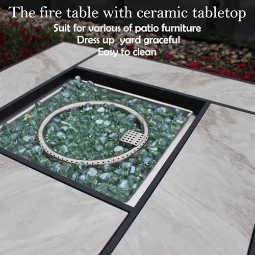 30" Propane Fire Pit with Real Ceramic Tabletop, 50000 BTU Gas Firepit Table with Lid & Glass Rock, Outdoor Fire Pit for Dining or Party