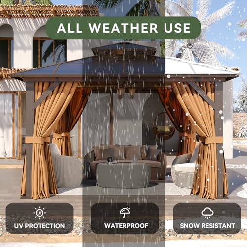 Aoxun 12'x10' Hardtop Gazebo, Aluminum Frame Permanent Pavilion with Curtains and Netting, Outdoor Polycarbonate Double Roof Canopy