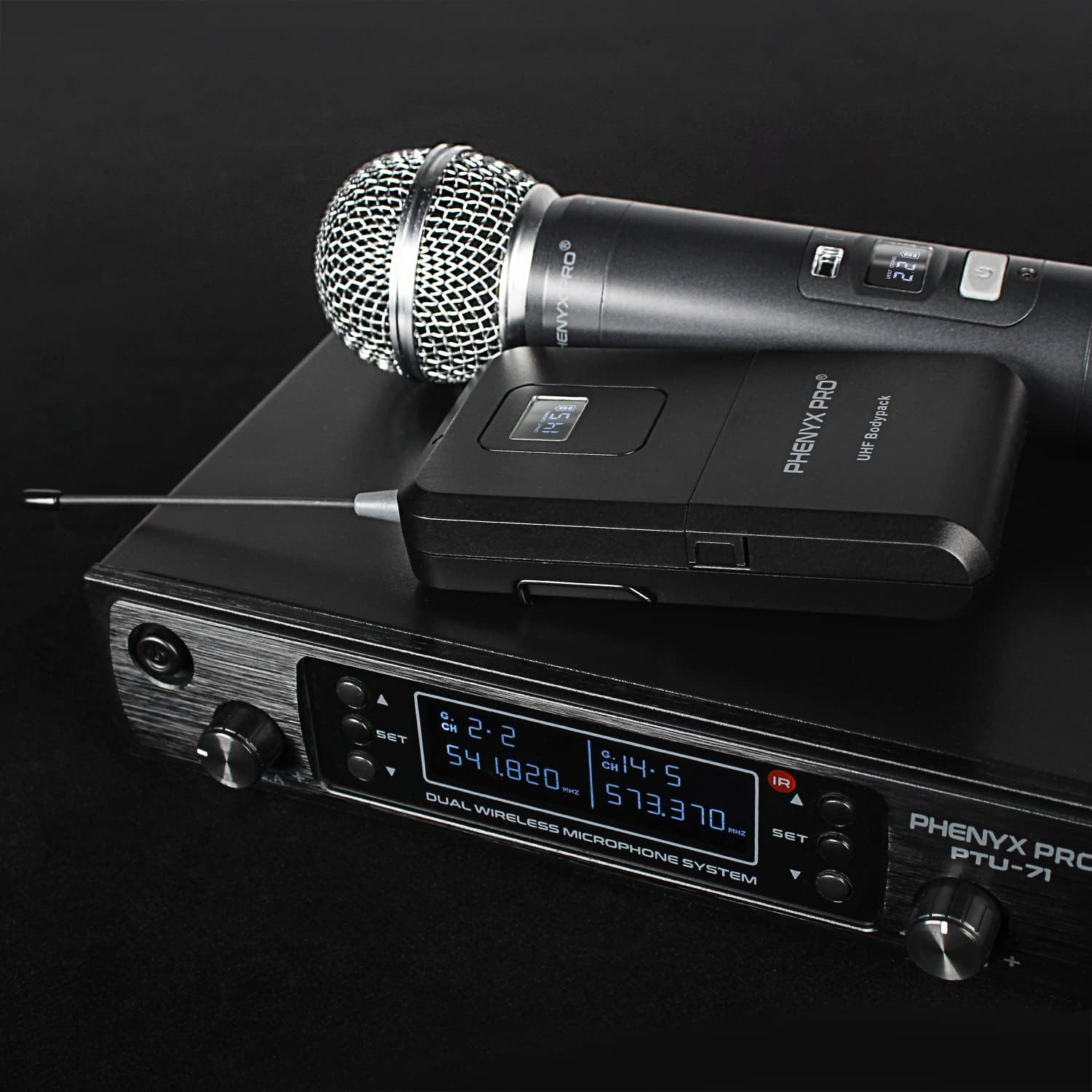 Wireless Microphone System, Phenyx Pro Dual Channel Cordless Mic Set with Handheld/Bodypack/Headset/Lapel, 2x100 Channels, Auto Scan, Lock Function