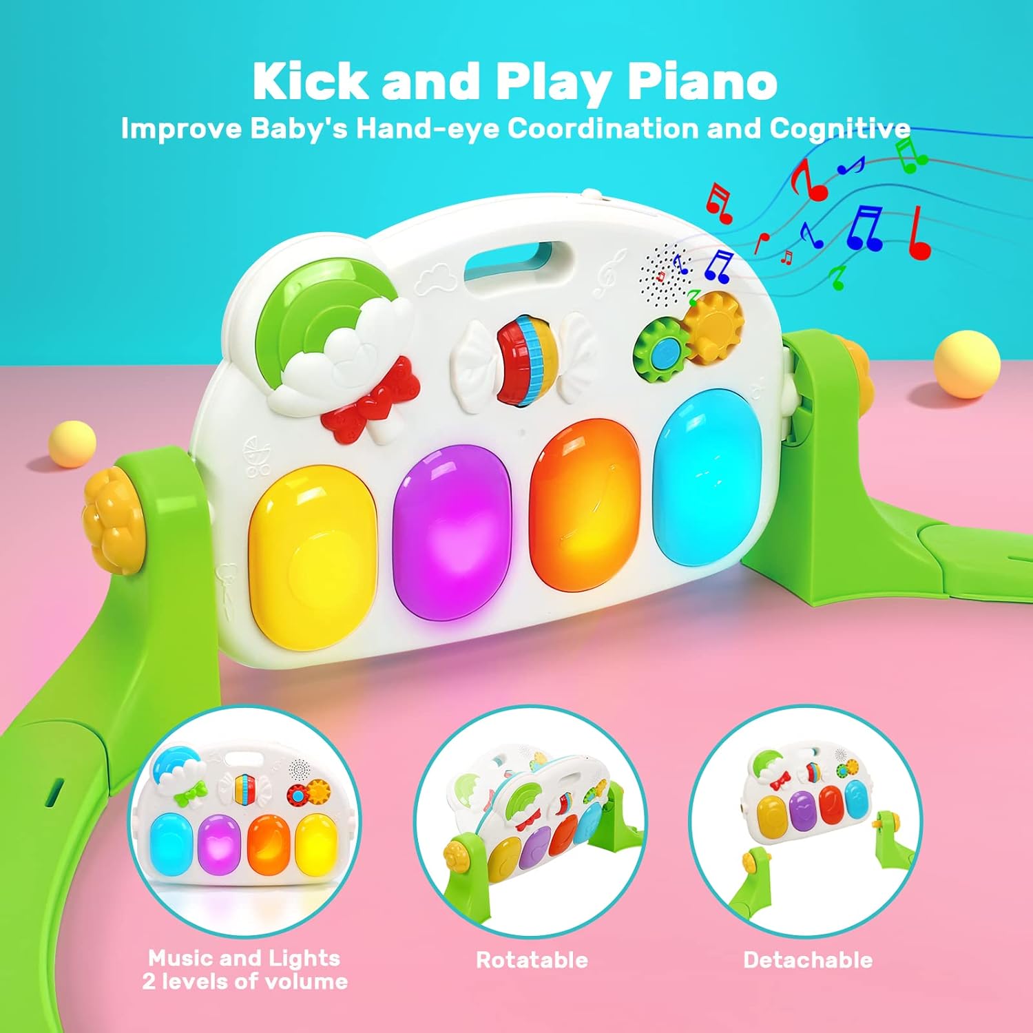 HOLYFUN Baby Gym Play Mat, Kick and Play Piano Gym with 5 Sensory Teether Toys, Multifunctional Tummy Time Round Playmats