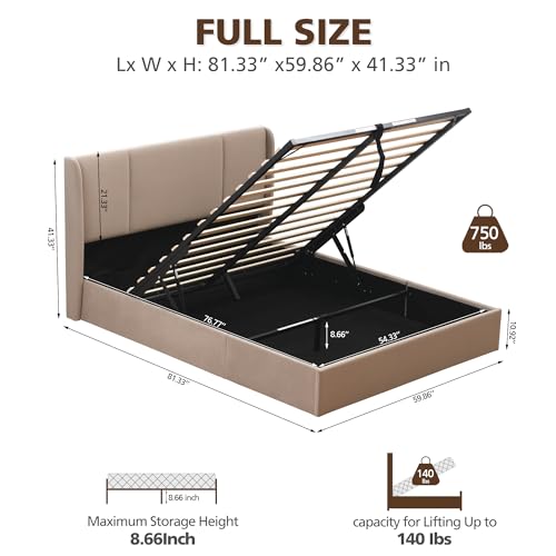 VELOCAVA Queen Size Lift Up Storage Bed with Modern Wingback Headboard, Upholstered Platform Bed with Fabric with Hydraulic Support Bars
