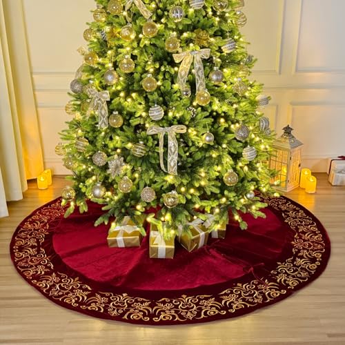 72-Inch Victorian Velvet Christmas Tree Skirt with Gold Damask Embroidery and Plush Lace Ties, Burgundy