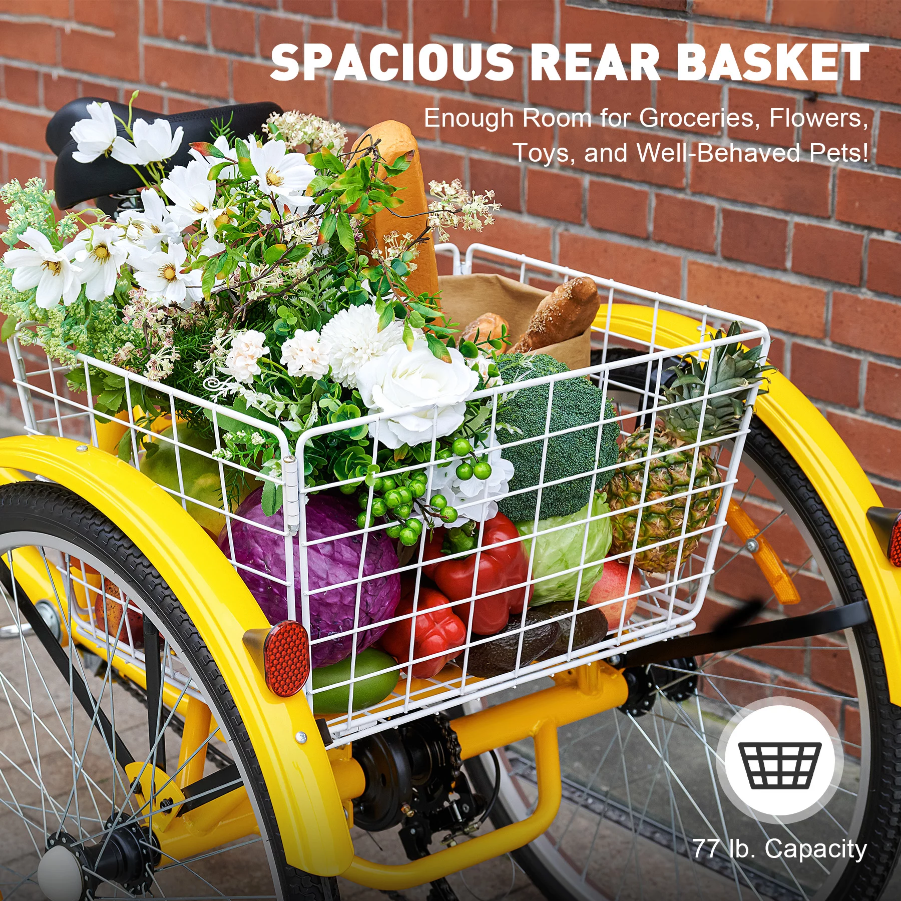 VIRIBUS 26 Inch Adult Tricycle 7 Speed 3 Wheel Cruiser Bike Trike w Rear Basket, Yellow - Curated Treasures Market
