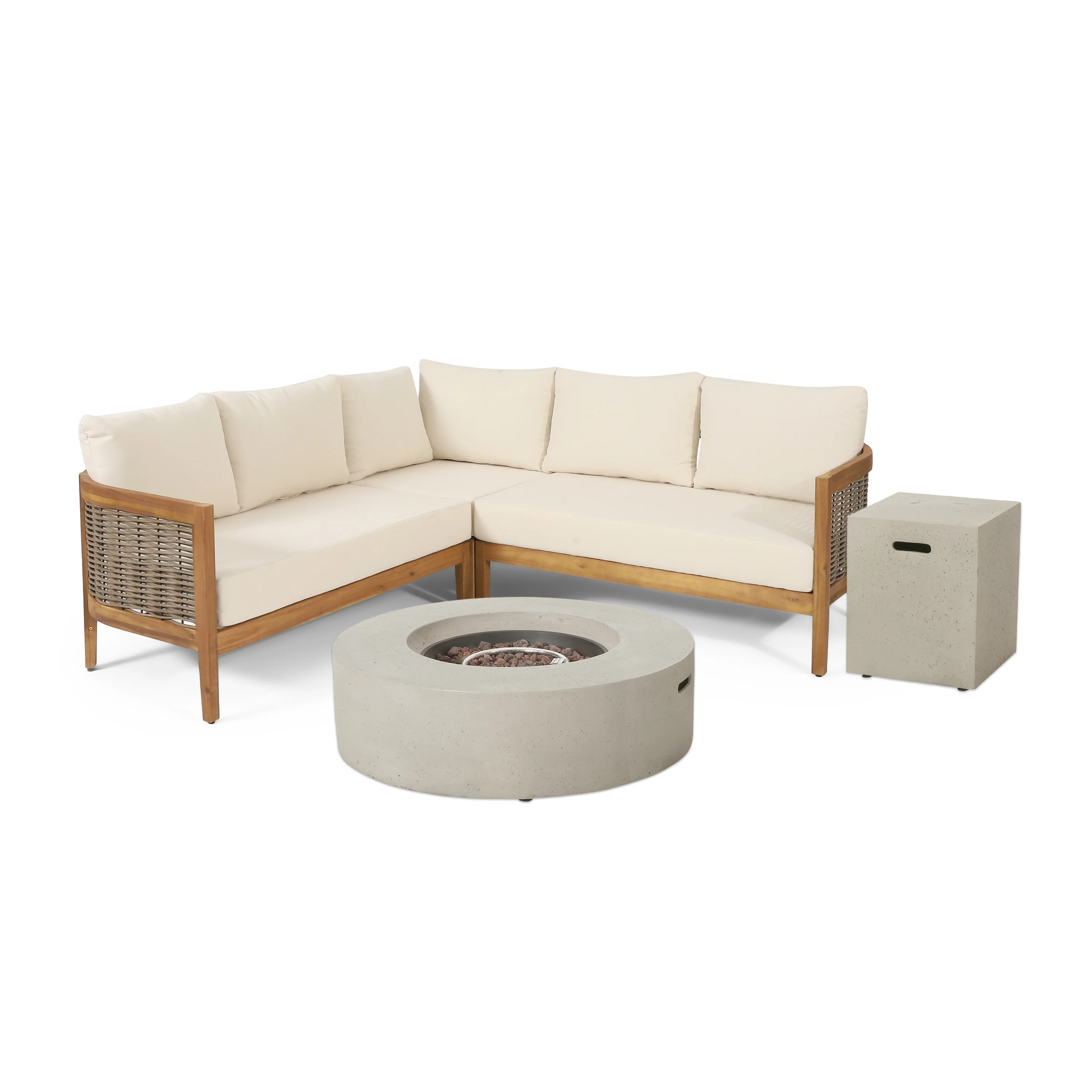 Christopher Knight Home Burchett Outdoor Acacia Wood and Round Wicker 5 Seater Sectional Sofa Chat Set with Fire Pit by Teak/Mixed Brown/Beige/Dark