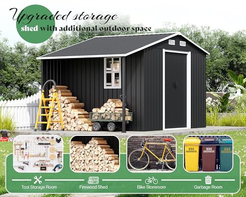 Jocisland 10.6x10.3x6.3 FT Outdoor Storage Shed with Sliding Doors & Two 4-Pane Windows, Open Outdoor Shed for Wood Storage, Dark Grey/White