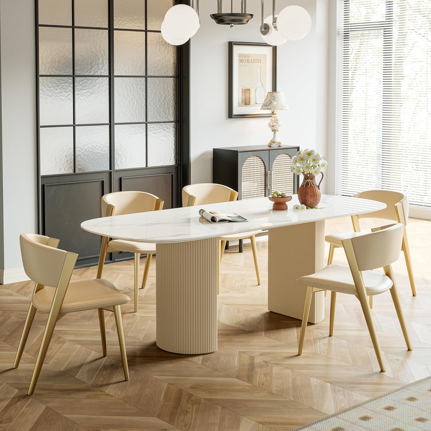 55.11" Oval Dining Table for 4 to 6, Marble Kitchen Table Sintered Stone Tabletop with Carbon Steel Pedestal Base