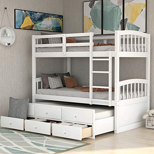Harper & Bright Designs Twin Over Twin Bunk Bed with Storage Drawers, Solid Wood Bunk Bed Frame with Trundle, for Kids, Teens, Adults (Espresso)