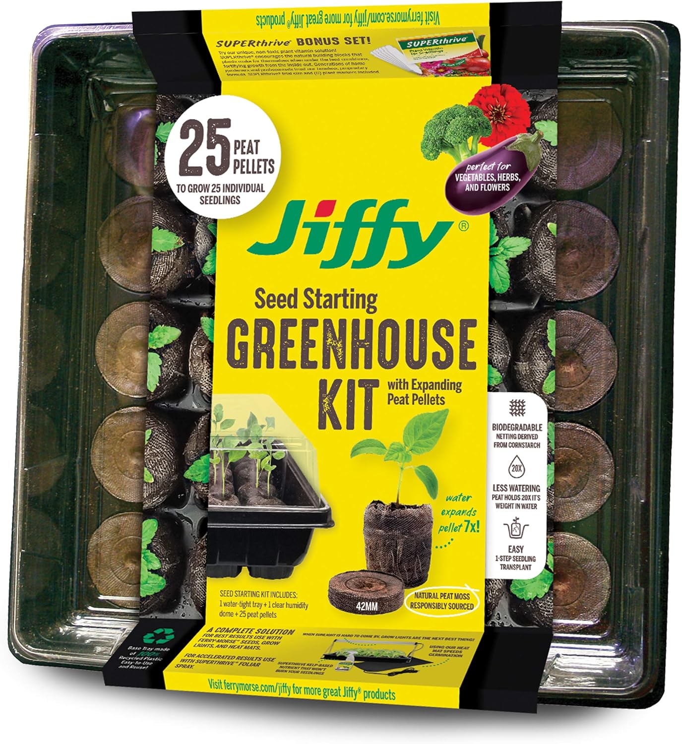 Jiffy 42mm Seed Starting Greenhouse Kit with 25 Biodegradable Expanding Peat Pellets