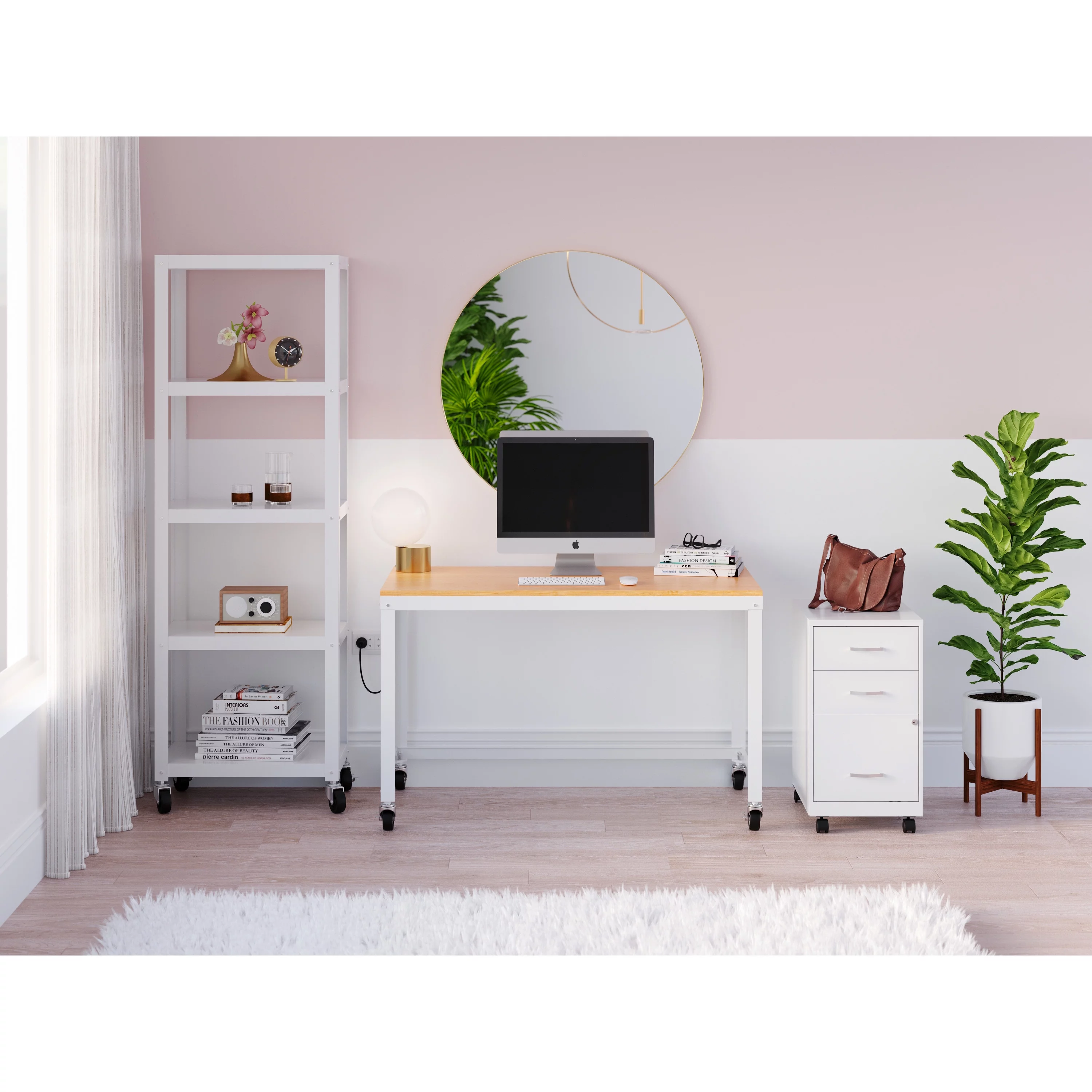 Space Solutions Ready-to-assemble 48-inch Wide Mobile Metal Desk with Laminate Top, White/Maple - Radiant Selections