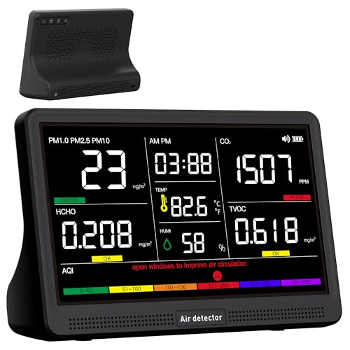 bonoch 16 in 1 Air Quality Monitor Indoor 7" Display 9 AQI+7 AQI Alerts Air Quality Tester for CO2, TVOC, PM2.5 PM1.0 PM10, HCHO
