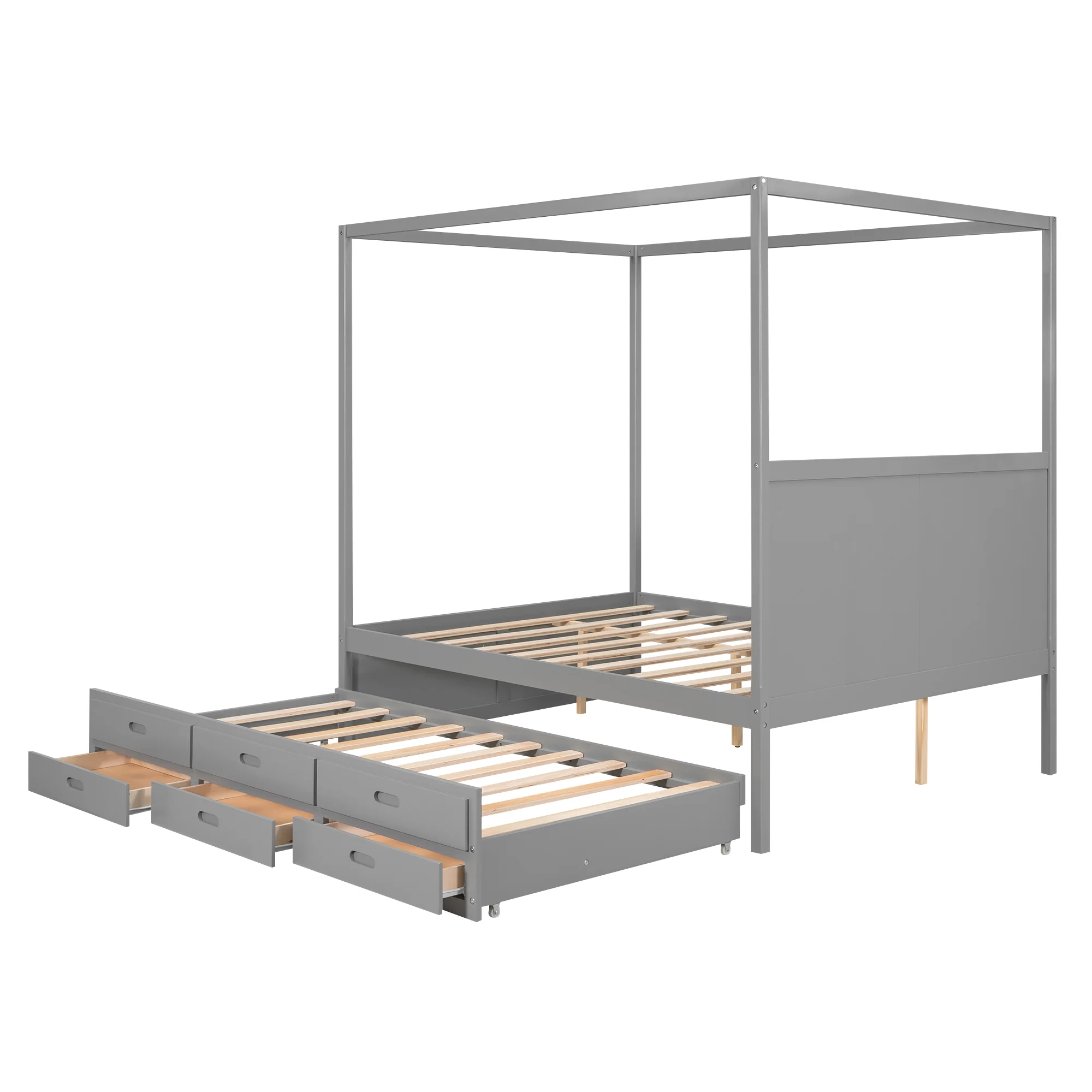Bellemave Queen Size Canopy Bed with Twin Size Trundle and 3 Storage Drawers, Queen Platform Bed with Headboard, Wood Queen Bed Frame for Kids, Teens