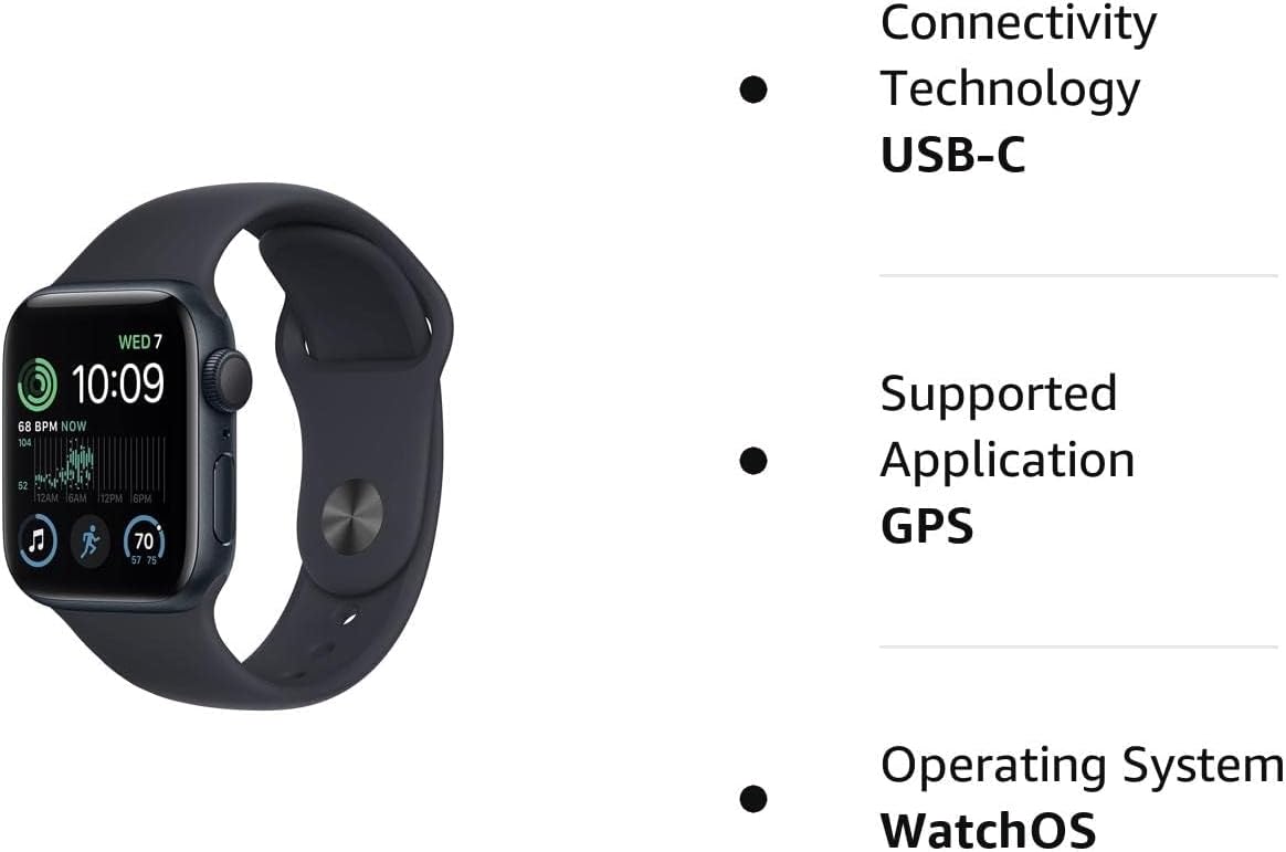 Apple Watch SE (2nd Gen) (GPS, 40mm) - Midnight Aluminum Case with Midnight Sport Band, S/M (Renewed)