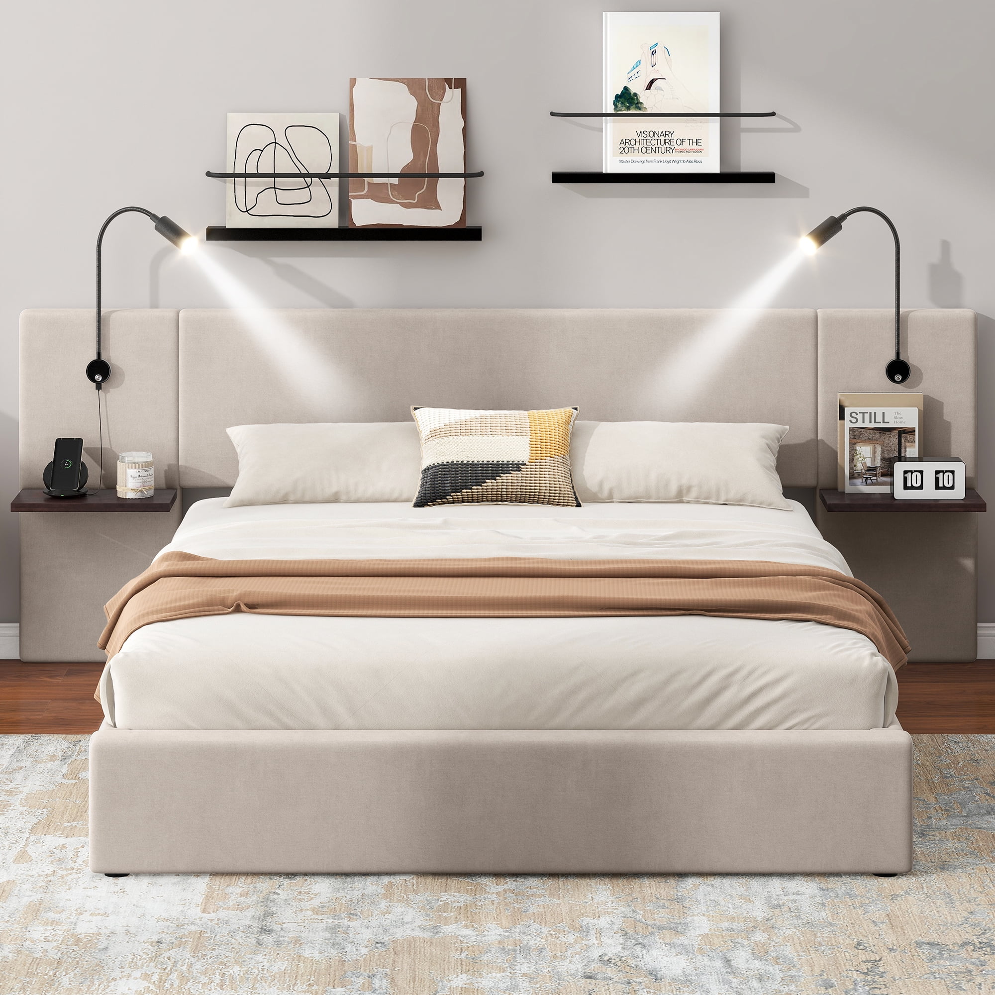 Full Upholstery Platform Bed with Lift up Storage and LED Headboard for Kids, White