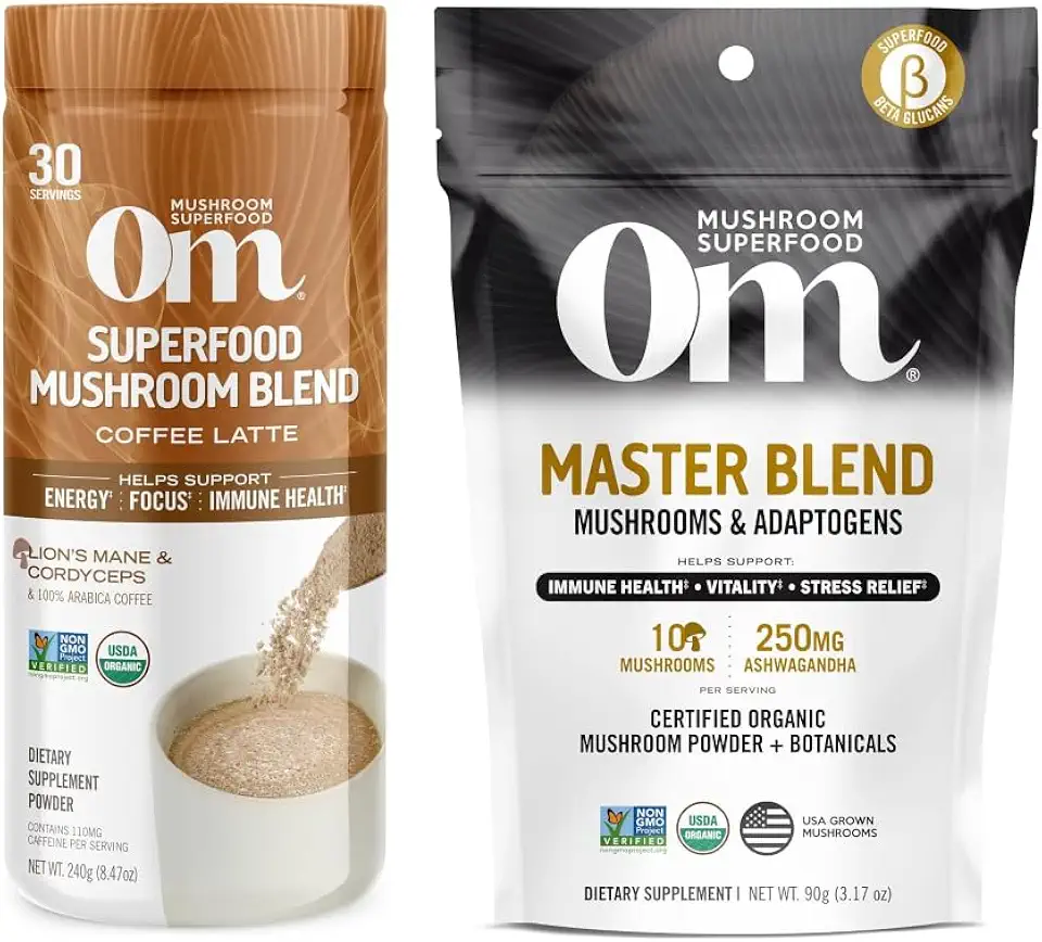OM MUSHROOM SUPERFOOD Coffee Latte Blend Mushroom Powder, 8.47 Ounce and Master Blend 10 Mushrooms Complex& Adaptogens, 3.17 oz Bundle