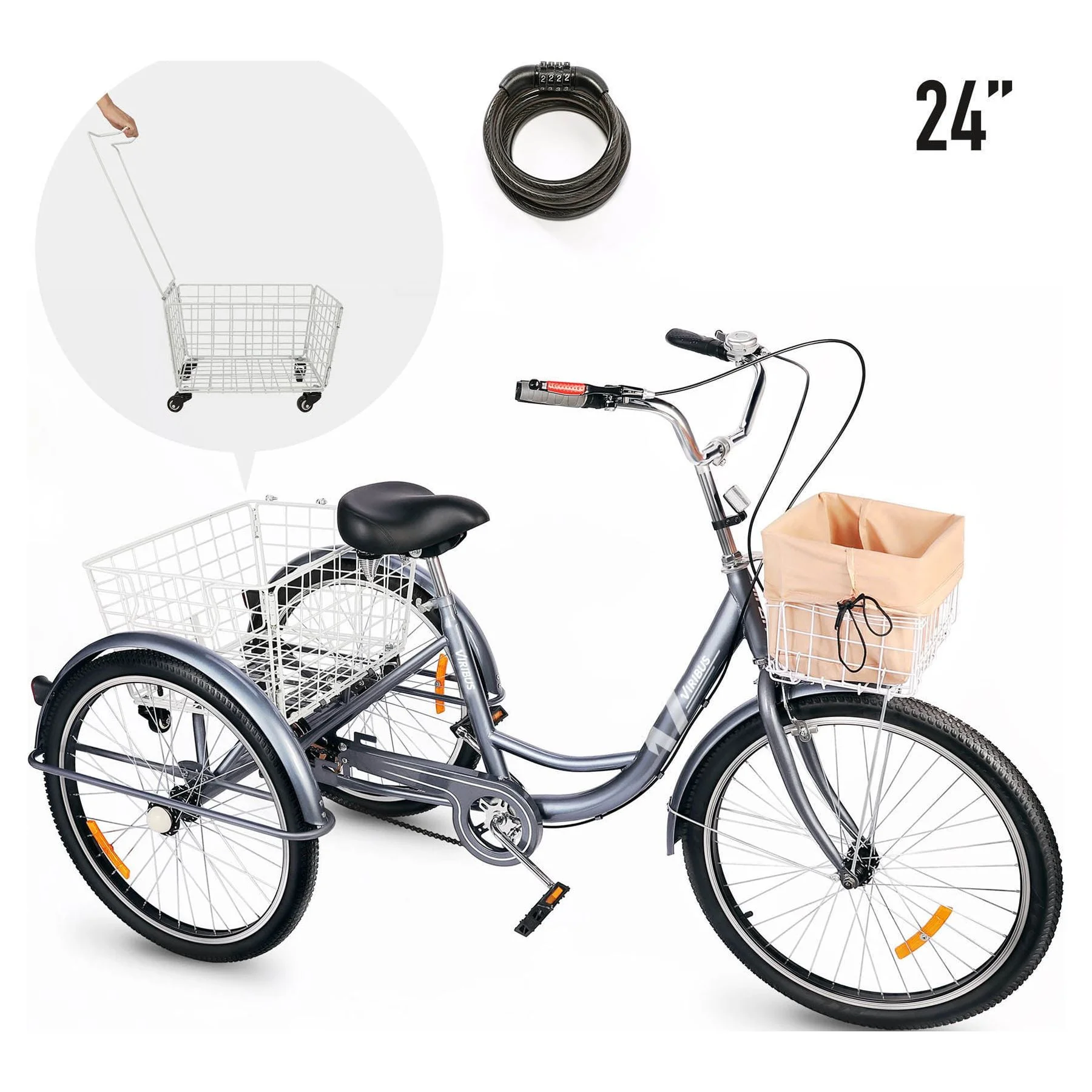 Viribus 24 inch Single Speed Adult Tricycle 3 Wheel Cruiser Bike with Removable Basket  for Men & Women, Gray - Curated Treasures Market