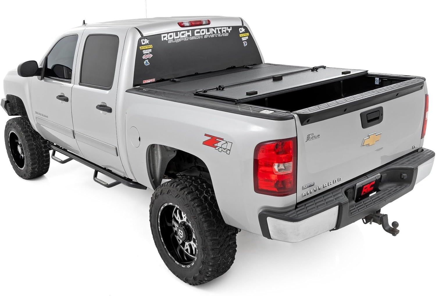 Rough Country Hard Tri-Fold Flip Up Truck Bed Tonneau Cover for Chevy Silverado 1500/GMC Sierra 1500 (2007-2013) - Fits 5'9 (69.3") Bed w/Rail Caps