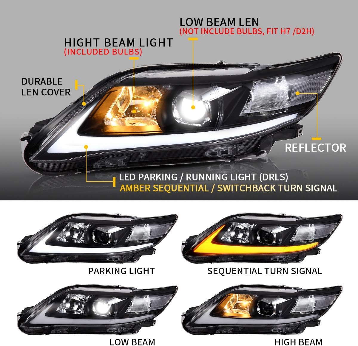 YUANZHENG LED Projector Headlights Compatible for [Toyota Camry 2010 2011] with Sequential Turn Signal DRL LED Light Bars