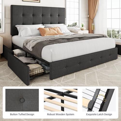 Allewie Upholstered Queen Size Platform Bed Frame with 4 Storage Drawers and Headboard, Square Stitched Button Tufted