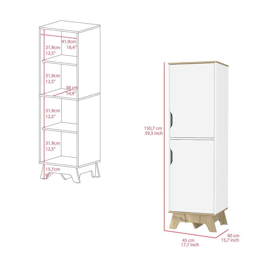 CoSoTower Single Kitchen Pantry Wallas, Four Shelves, Two Doors, Light Oak / White Finish