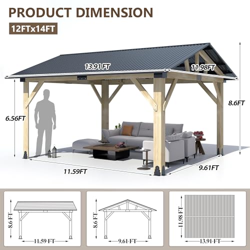 12'x12' Hardtop Gazebo, Outdoor Double Roof Galvanized Steel Gazebos, Aluminum Frame Permanent Pavilion with Curtains & Netting for Backyard, Patio