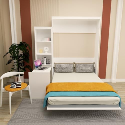 Queen Size Murphy Bed Wall Cabinet with 2 Wardrobe and Storage Shelf, Wooden Murphy Cube Wall Bed