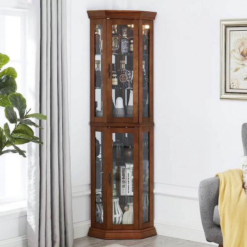 leeheeyee Lighted Tall Corner Cabinet，Wooden Corner storage cabinet with tempered glass door ，two shelf units， for Living Room or Bedroom