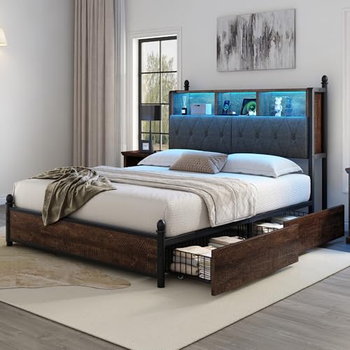 AMERLIFE Full Size Bed Frame with Bookcase Headboard, 4 Storage Drawers, Wooden Platform Bed with Charging Station & LED Light, No Box Spring Needed