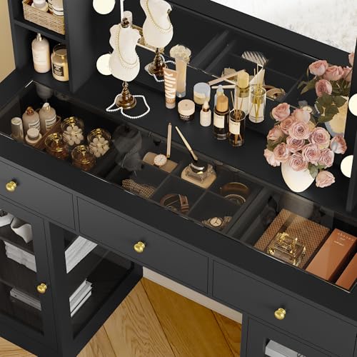 Makeup Vanity Desk with Mirror and Lights, White Vanity with Glass Top, LED Lights & Power Outlet, 3 Drawers & 2 RGB Glass Cabinets