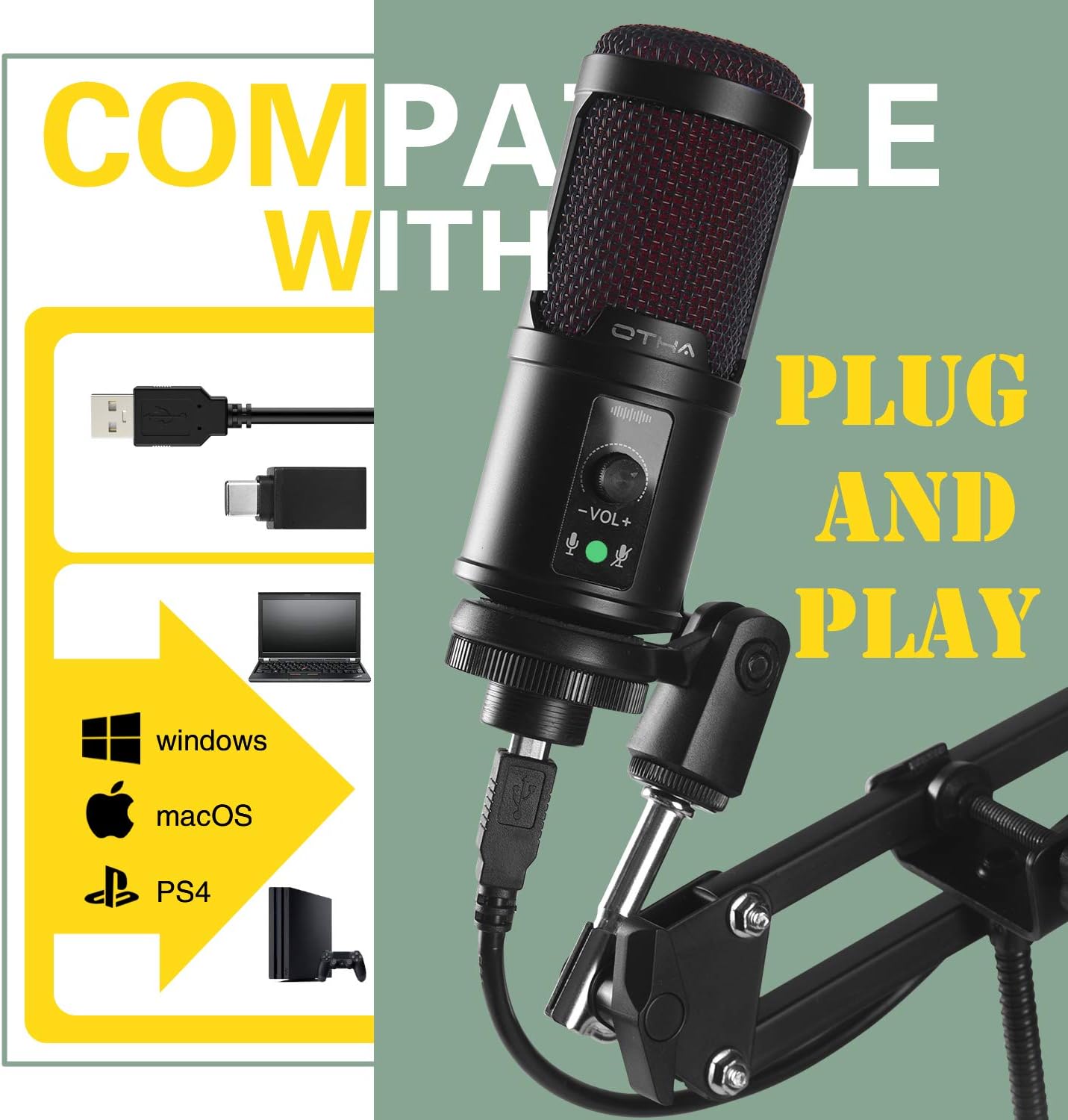 USB Microphone Kit,Studio Condenser Microphone Computer Podcast Mic for PC, PS4, Mac with Adjustable Scissor Arm Stand