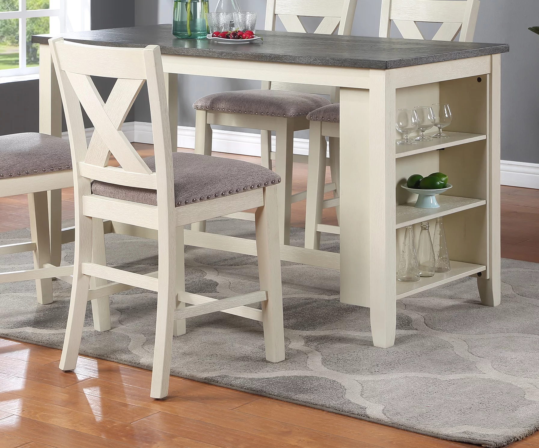 Dcenta Modern Contemporary 5pc Counter Height High Dining Table w Storage Shelves High Chairs And Stools Wooden Kitchen Breakfast Table Dining Room