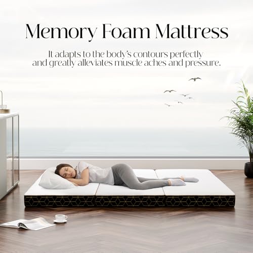 Tri-Fold Memory Foam Mattress Queen - 6 Inch Portable Folding Mattress with Handle & Washable Cover, Floor Bed with Non-Slip Base
