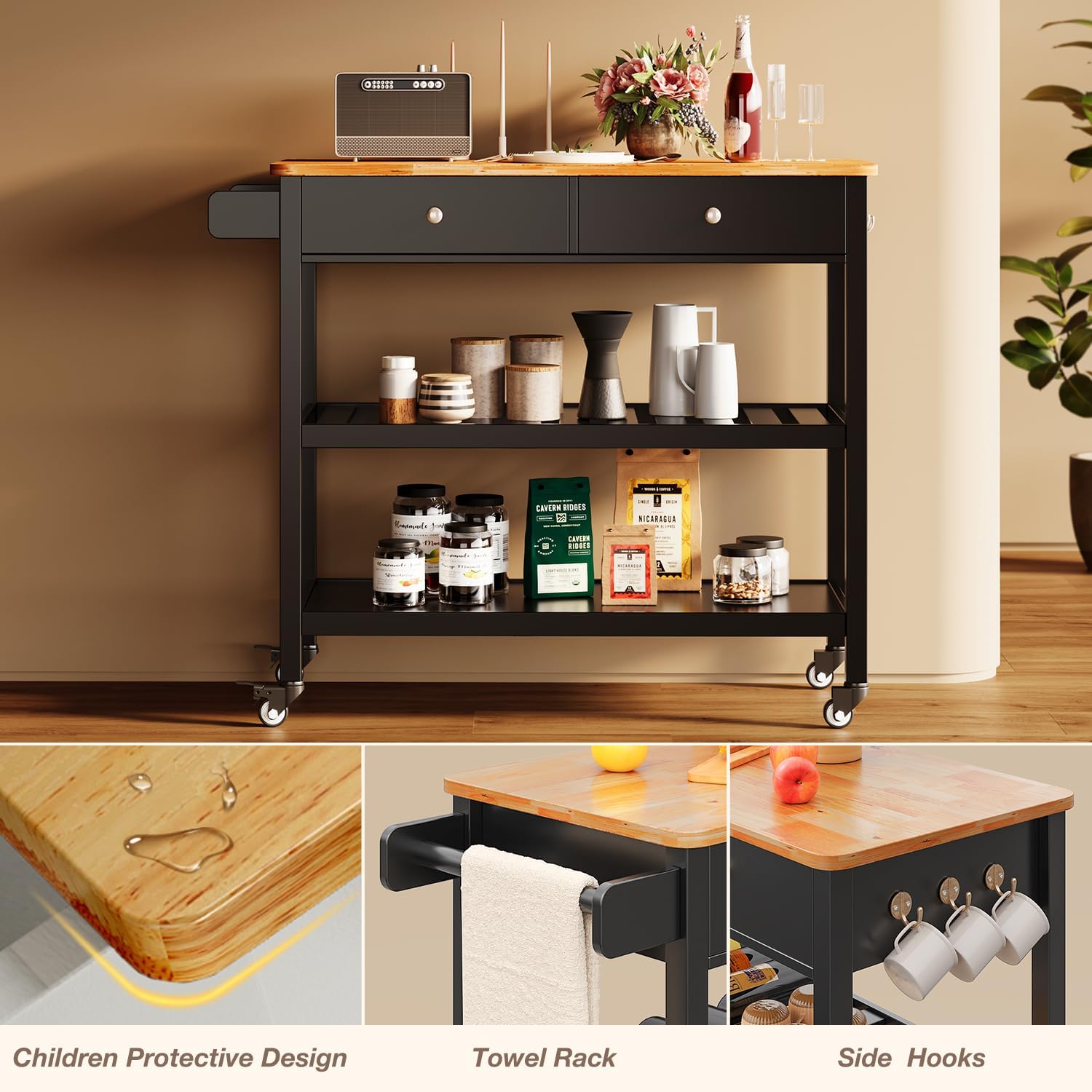 Gizoon Kitchen Island Cart with Storage, 40’’ Wooden Top, 2 Tiers Spacious Shelves and Towel Bar