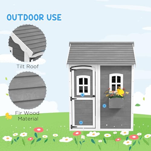 Outsunny Playhouse for Kids, Outdoor Wooden Playhouse with Floor, Door, Windows & Planter Box for 3-8 Year Olds, Backyard, Lawn, Garden, Gray
