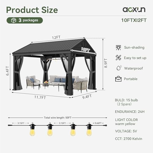 Aoxun 10' X 12' Hardtop Gazebo, Aluminum Outdoor Gazebo with Galvanized Steel Gable Roof Canopy, Patio Permanent Metal Pavilion with Netting