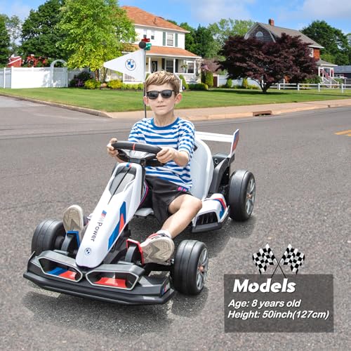 36V Licensed BMW Electric Go Kart, 7.5 MPH Drift Kart with 600W Motor, Outdoor Driftable Kids Race Pedal Go Karting Car w/Adjustable Seat, Lights
