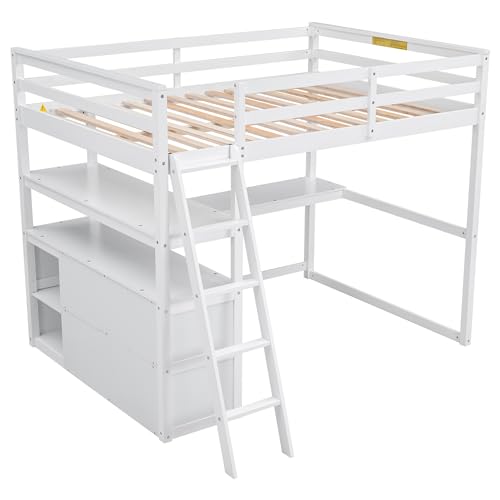 Full Size Loft Bed with Desk & Wardrobe, Solid Wood Kids Loft Bedframe w/3 Storage Drawers & 2 Shelves, Maximum Space Design, for Bedroom, Dorm, Gray