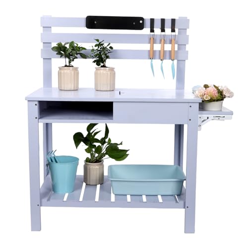 Potting Bench Table Outdoor Garden Table Wooden Work Station Outdoor Garden Work Bench Platform with 3 Side Hook Shelf Natural Wood Rice-White