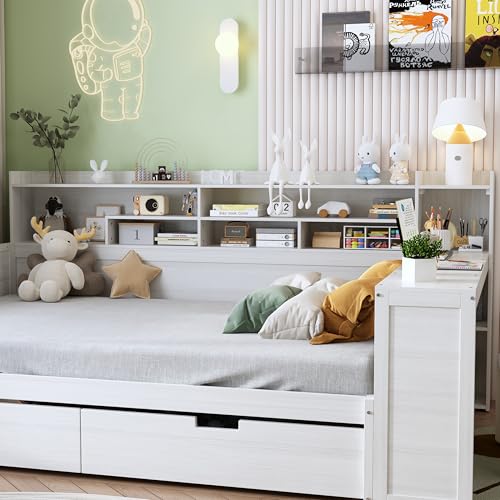 Corner Twin Bed Frame with Bookcase Storage and Desk, Wood Day Beds with 2 Drawers, Twin Size Daybed with Storage for Living Room