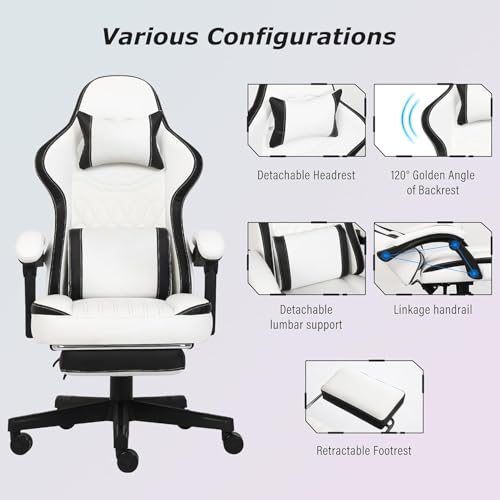 Gaming Chair, Computer Office Chair with Footrest, Linkage Armrests and Lumbar Support, High Back Ergonomic Gamer Chairs for Adults, Blue Fabric