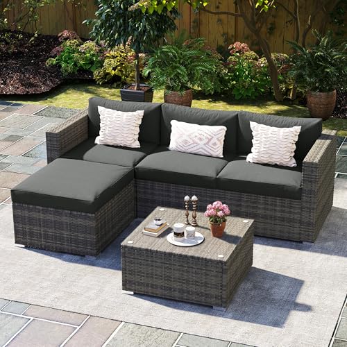 Wisteria Lane 5 Piece Outdoor Patio Furniture Set, All Weather Wicker Rattan Sectional Sofa Conversation Set with Cushions & Large Glass Coffee Table