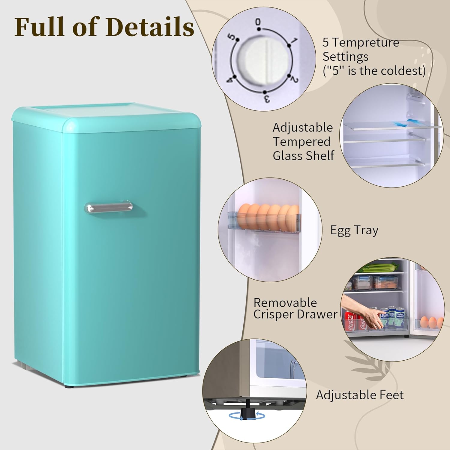 Retro Mini Fridge with Freezer, Compact Refrigerator for Bedroom with Freezer