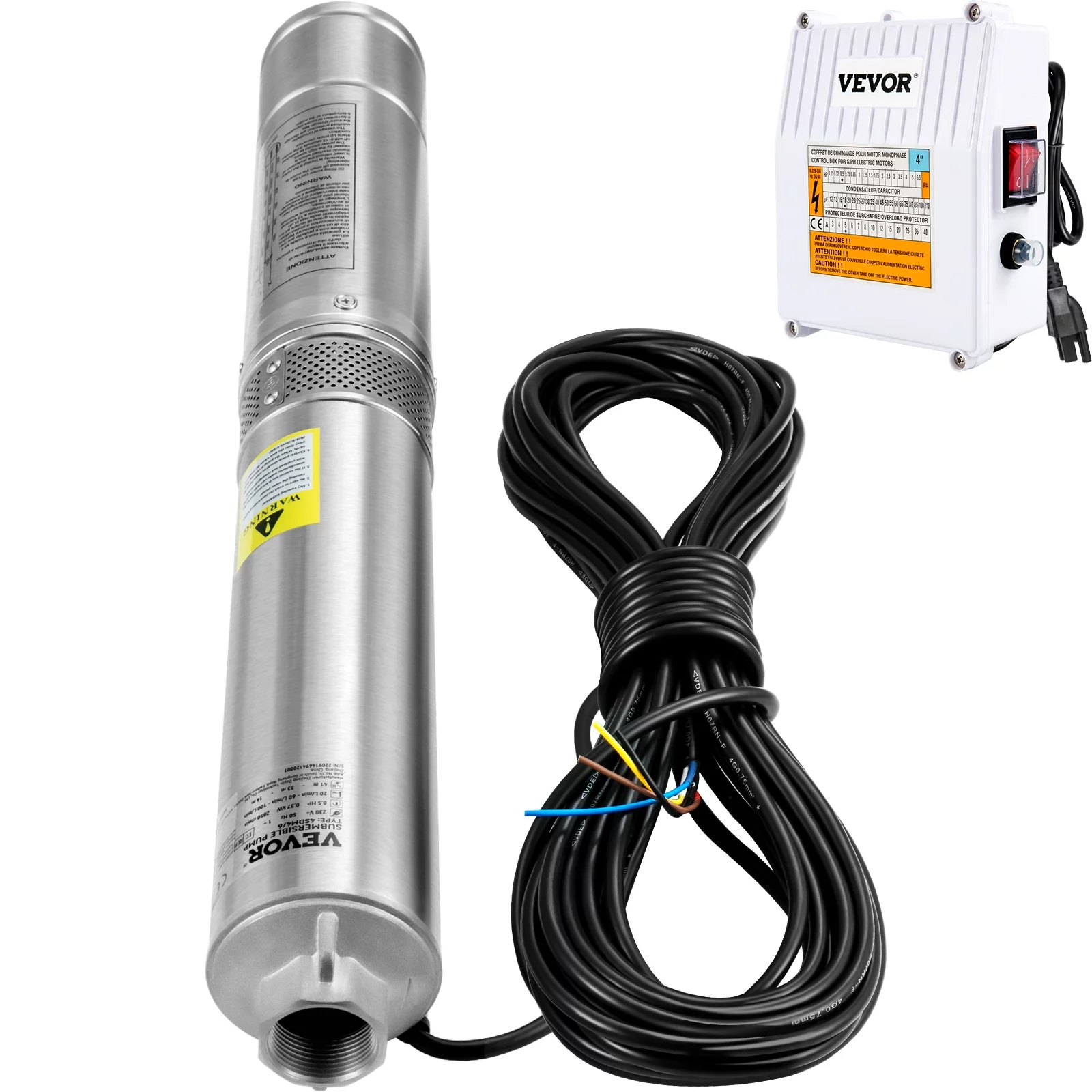 VEVOR Deep Well Submersible Pump, 1.5HP 115V/60Hz, 37GPM 276ft Head, with 33 ft Cord & External Control Box