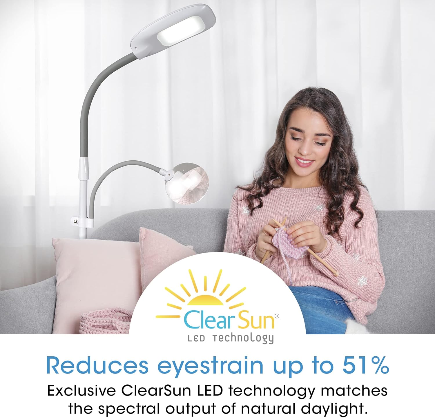 OttLite LED Floor Lamp with Optical Grade Magnifier - ClearSun LED Technology - 3 Brightness Settings, Adjustable Arm & Touch Sensitive Controls