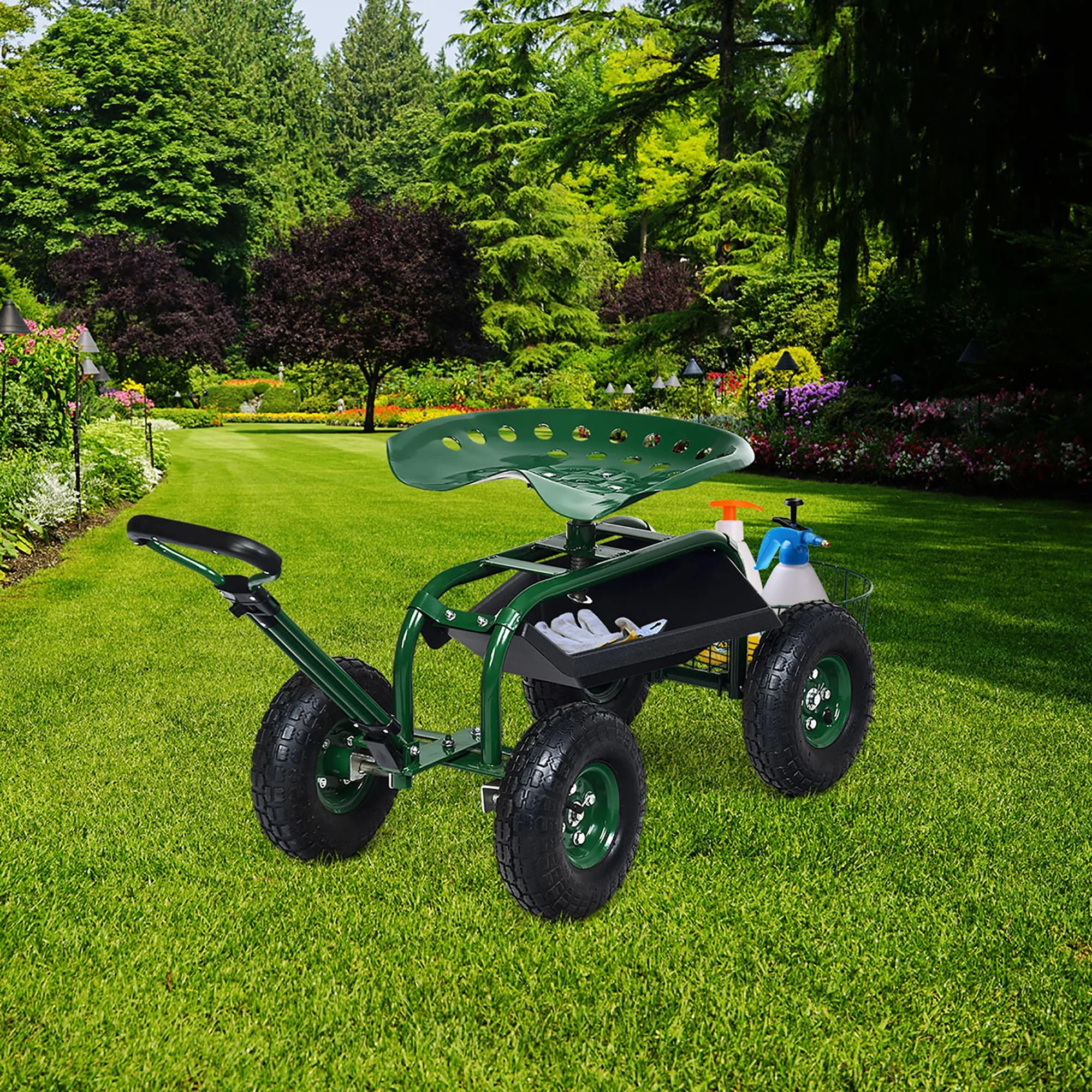 Costway Garden Cart Rolling Work Seat w/Tray Basket E xtendable Handle Green