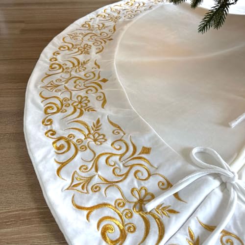 72-Inch Victorian Velvet Christmas Tree Skirt with Gold Damask Embroidery and Plush Lace Ties, Burgundy
