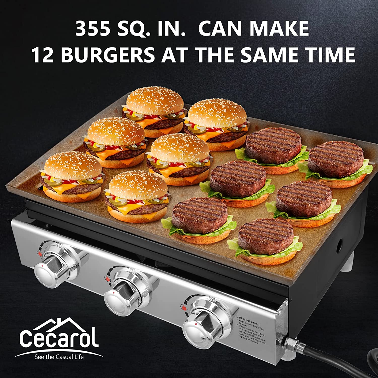 23in 3-Burner Propane Gas Griddle, 355 sq in, 25,500 BTU - For Outdoor, RV, Tailgating