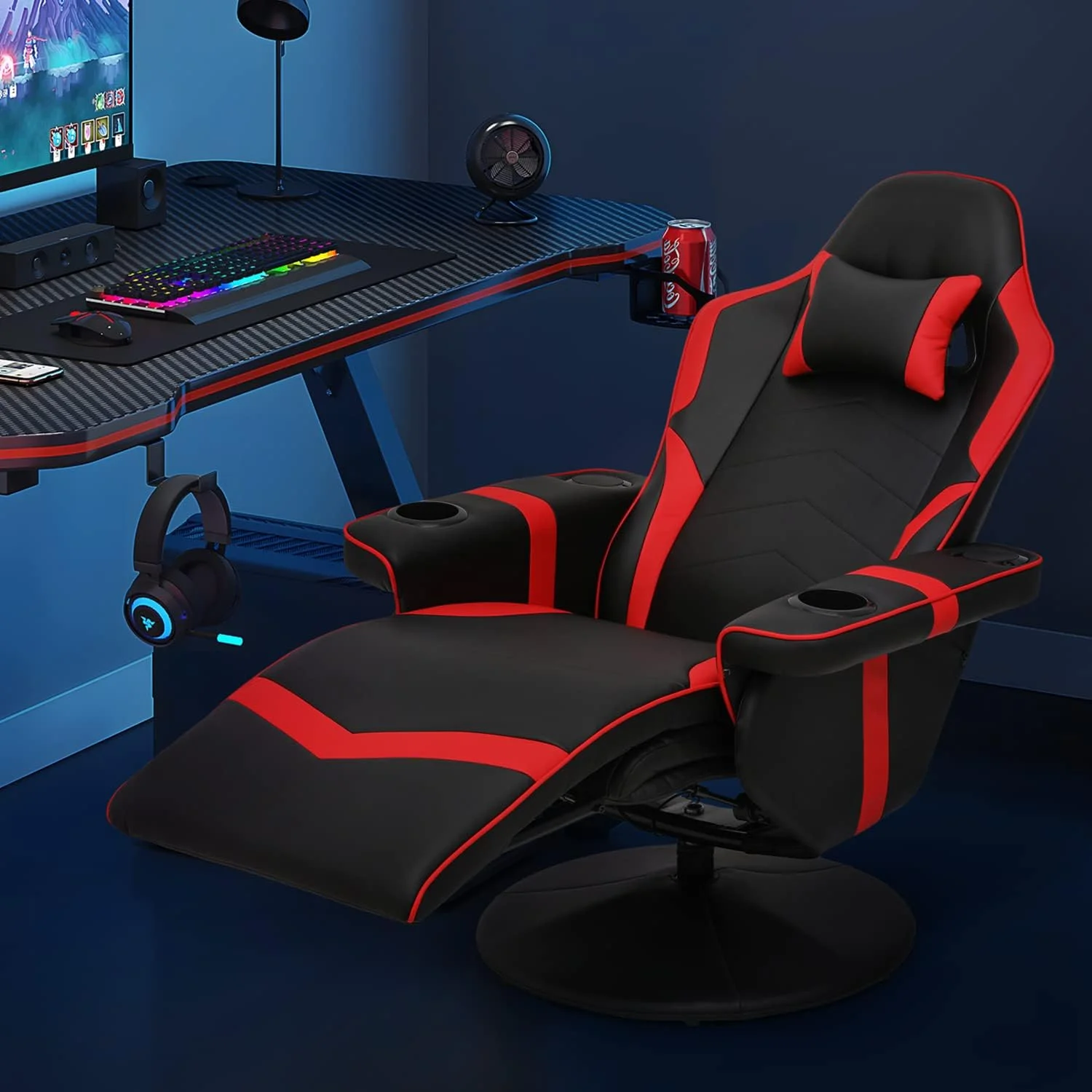 Massage Gaming Recliner Chair PU Leather Lounging Video Gaming Couch Adjustable Backrest Living Room Single Sofa With Speakers & Organizer Bag