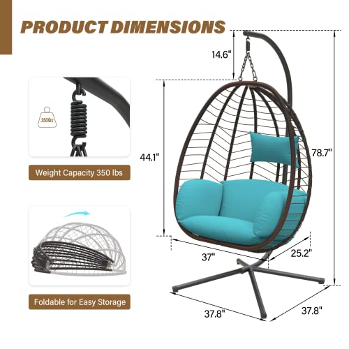 ALAULM Egg Swing Chair Outdoor Indoor Wicker Rattan Hanging Chair with Stand 350lbs Capacity w/Strong Frame & Blue Cushions for Patio Balcony Bedroom