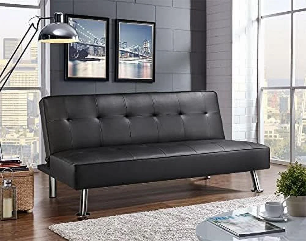 RUNFAYBIU Modern Folding Futon Loveseat Black Faux Leather Futon Sleeper Bed Convertible Futon Couch Bed for Living Room